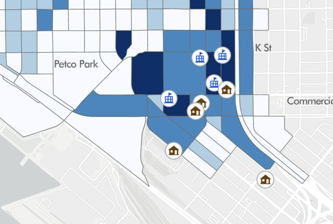 Screenshot of Homeless Service Locations and Unsheltered Count in Downtown San Diego