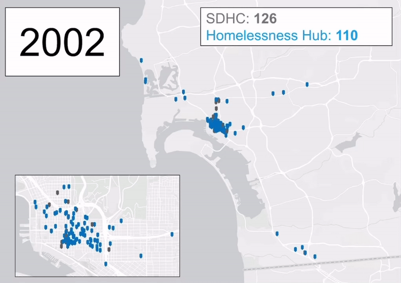 GIF of evolution of San Diego's declining single room occupancy hotels